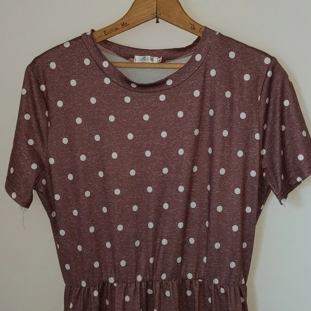 La la la Women's Size M Short Sleeve Polka Dot One Piece Popover Dress w/Pockets - Picture 2 of 10